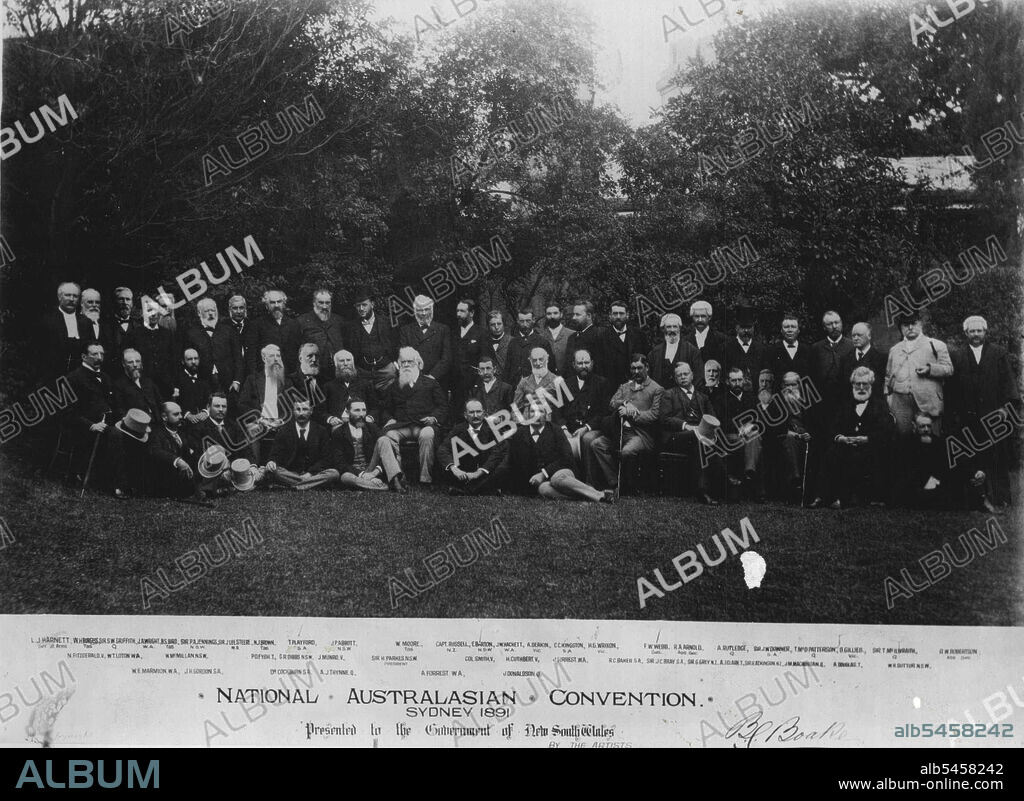 L. J. Harnett, (*****), W.H. Burgess, (Tas), Sir S.W. Griffith, (*****), J.A. Wright, (W.A), B.S. Bird, (Tas); Sir P.A. Jennings, (N.S.W), Sir J Lee Steere,(W.A) M. J. Brown, (Tas), T. Playford, (S.A), J.P. Abbott, (N.S.W), W. Moore, (Tas), Capt. Russell, (N.Z), E. Barton, (N.S.W), J. W. Hackett, (WA), A. Deakin, (Vic), C.Kingston, (S.A), H.G. Wrixon, (Vic). N. Fitzgerald V., W.T. Loton WA, W.M.Millan NSW, Pofysh T, Grobbs NSW, J. Munro V., Sir H Parkes NSW (President), Col Smith V, H.Cuthbert V, J. Forrest WA, R C Baker SA., Sir J.C.Bray SA., Sir G *****W.E. Marmion W.A., J.H. Gordon SA, O'Cockburn SA, A.J.Thynne Q, A Forrest WA., J Donaldson Q.Convention in 1891. Barton, centre, back row. Seated, Parkes; Deakin second on Barton's left. January 3, 1951. (Photo by Australian Official Photograph).