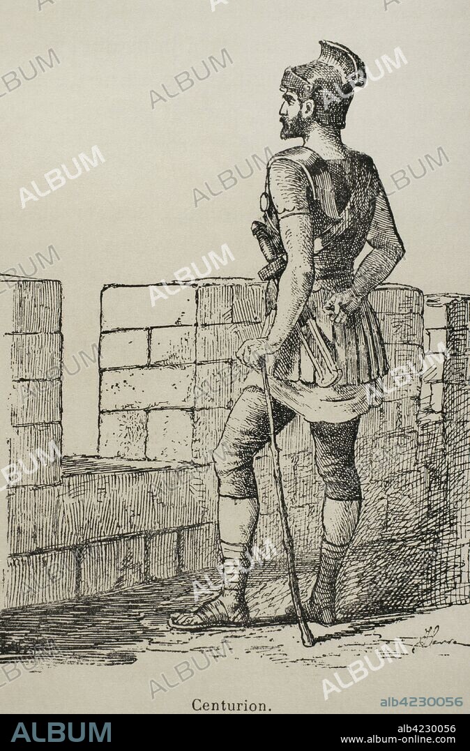 Centurión romano. Grabado. "Museo Militar del Ejército Español", Tomo I. Evaristo Ullastres Editor. Barcelona, 1883. Biblioteca Histórico Militar de Barcelona, Cataluña, España.