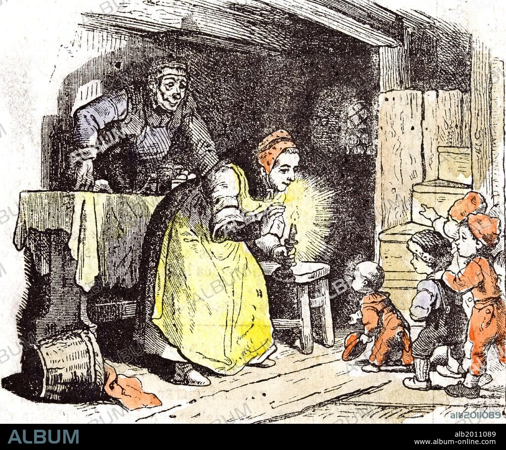 Telling a fairy tale, children, 1855, children, story; grandmother; at home; excitment; to bed; stairs; old man; family life; candle; table; basket; hamper; emotion; thrill; amusement; joy; love; warmth;.