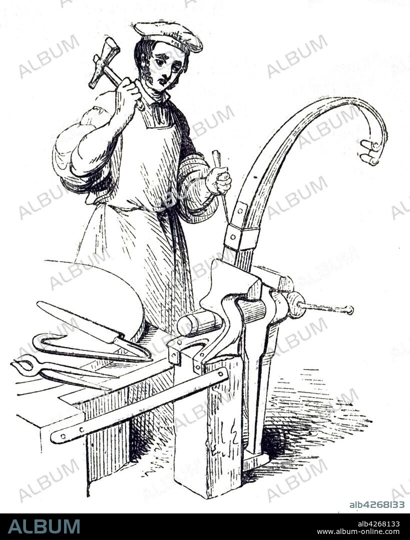 An engraving depicting the forming of a carriage spring by hammering on an iron band to hold the individual leaves together. Dated 19th century.
