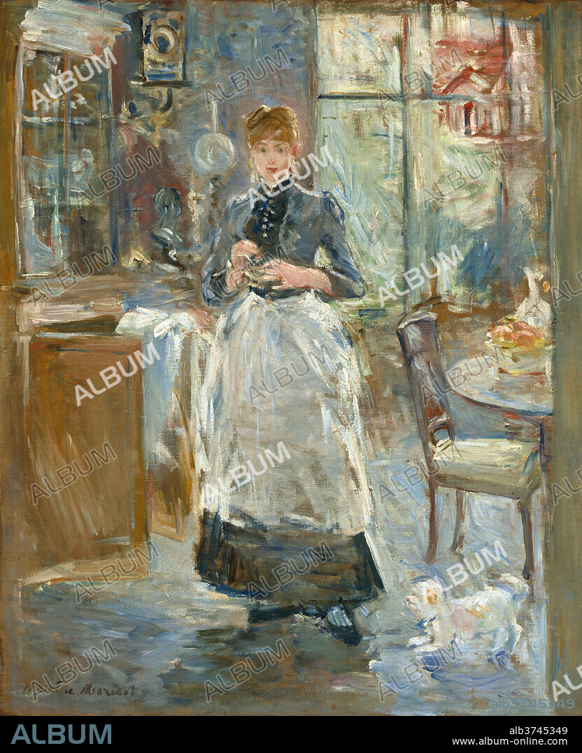 BERTHE MORISOT. In the Dining Room. Dated: 1886. Dimensions: overall: 61.3 x 50 cm (24 1/8 x 19 11/16 in.)  framed: 78.7 x 67.3 cm (31 x 26 1/2 in.). Medium: oil on canvas.