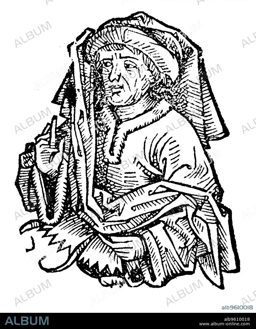 Averroes (Ibn Rushd) (1126-1198), eminent medieval Islamic philosopher, 1493. Averroes (full name Abu Al-Walid Muhammad Ibn Ahmad Ibn Muhammad Ibn Rushd) was a native of Cordoba, Spain. He wrote commentaries on Aristotle's works and Plato's Republic. From Liber chronicarum mundi (Nuremberg Chronicle) by Hartmann Schedel. (Nuremberg, 1493).