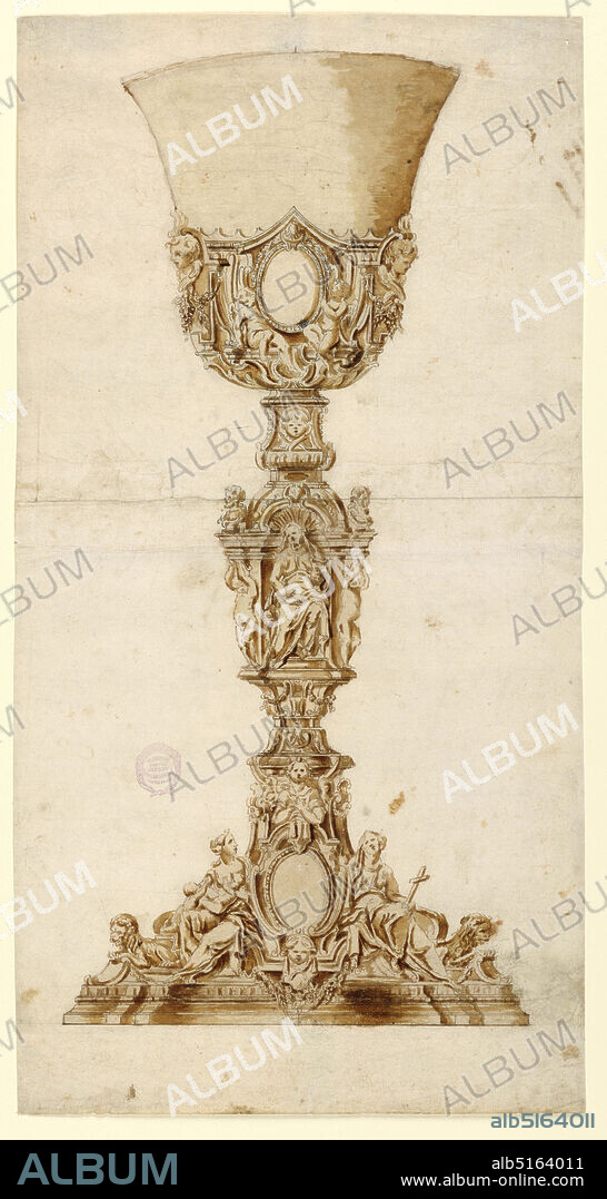 Design for a Chalice, Black chalk, pen and ink, brush and wash on paper, Elevation of a chalice. Love and Faith sit upon the foot. An escutcheon is shown between them. A bust of an angel above it. Temperance with a pitcher and a bowl is shown seated in a niche in the middle of the shaft. An escutcheon supported by two seated angels and cherubim over festoons is shown in the lower part of the cup., Italy, 17101740, metalwork, Drawing, Drawing.