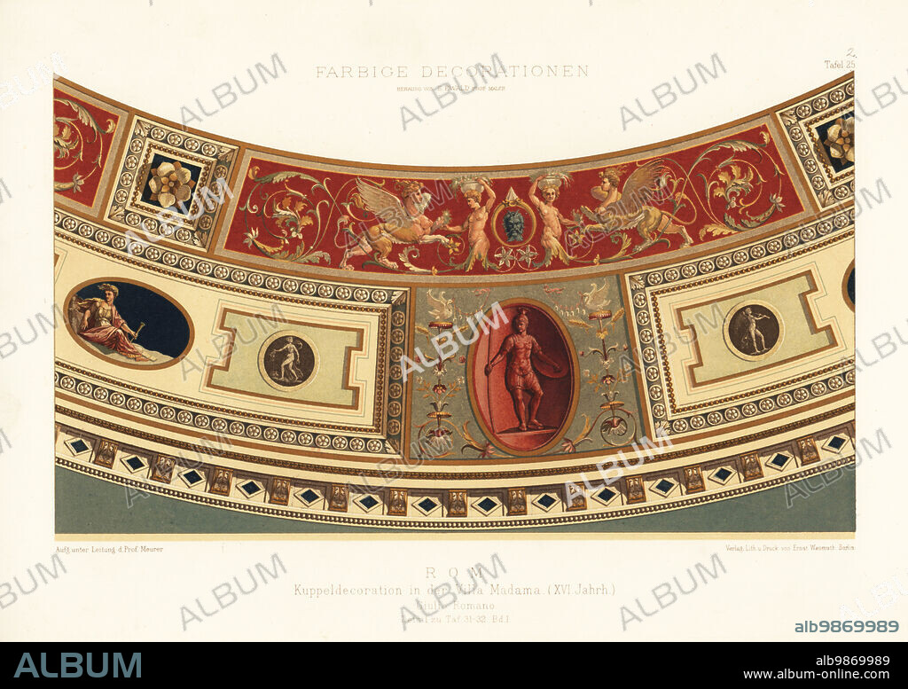 Dome decorated by Giulio Romano in the Renaissance-style rural palace Villa Madama, Rome, 16th century. Kuppeldecoration in der Villa Madama, Rom, XVI Jahrh. Chromolithograph directed by Prof. Moritz Meurer from Ernst Ewalds Farbige decorationen, alter und never Zeit (Color decoration, ancient and new eras), Ernst Wasmuth, Berlin, 1896.