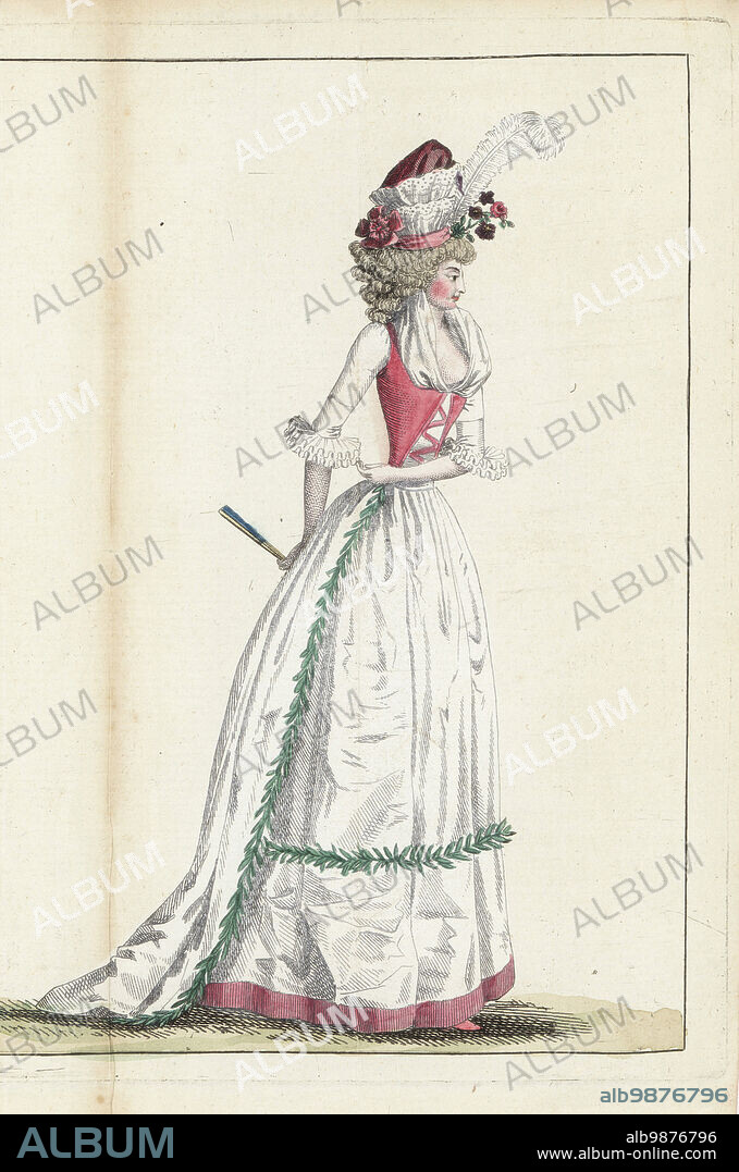 Fashionable woman in pink taffeta bonnet, hair in ringlets, gauze fichu, white taffeta gown with pink corset, white petticoats, pink slippers. Handcoloured copperplate engraving from Jean-Antoine le Brun or Lebrun-Tossas Journal de la Mode et du Gout, previously Cabinet des Modes, Chez Buisson, Paris, and Joseph le Boffe, London, 13me Cahier, 25 June 1790.