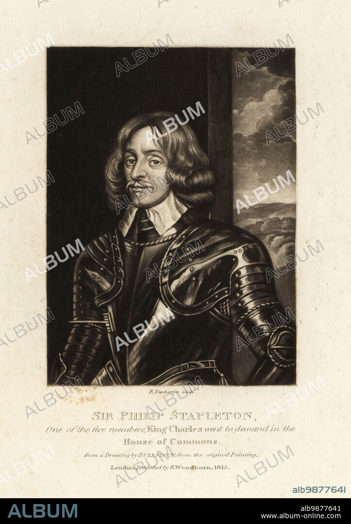 Sir Philip Stapleton of Wighill, 1603-1647, Parliamentarian during the English Civil War. Mezzotint engraving by Robert Dunkarton after a drawing by John Bullfinch from an original painting from Richard Earlom and Charles Turner's Portraits of Characters Illustrious in British History Engraved in Mezzotinto, published by S. Woodburn, London, 1815.