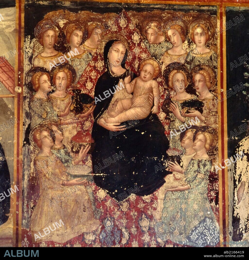 JAUME FERRER BASSA. Pintura mural al óleo de la Capilla de San Miguel de Pedralbes, Barcelona. Adoración de Jesús, Gótico.