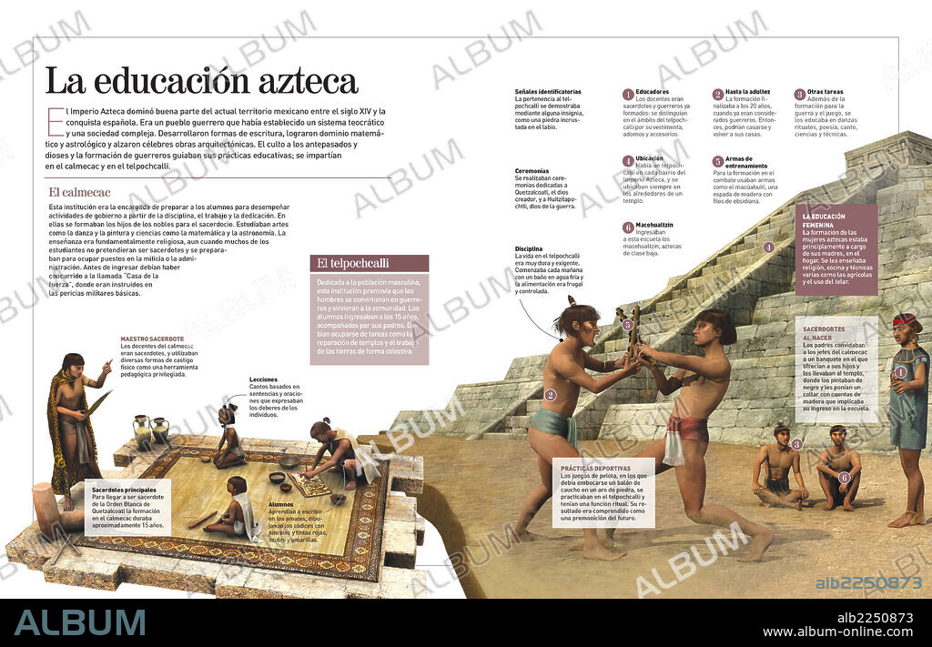 Aztec education. Infographic about Aztec teaching institutions in the XIV century: the religious calmecac, and military telpochcalli.