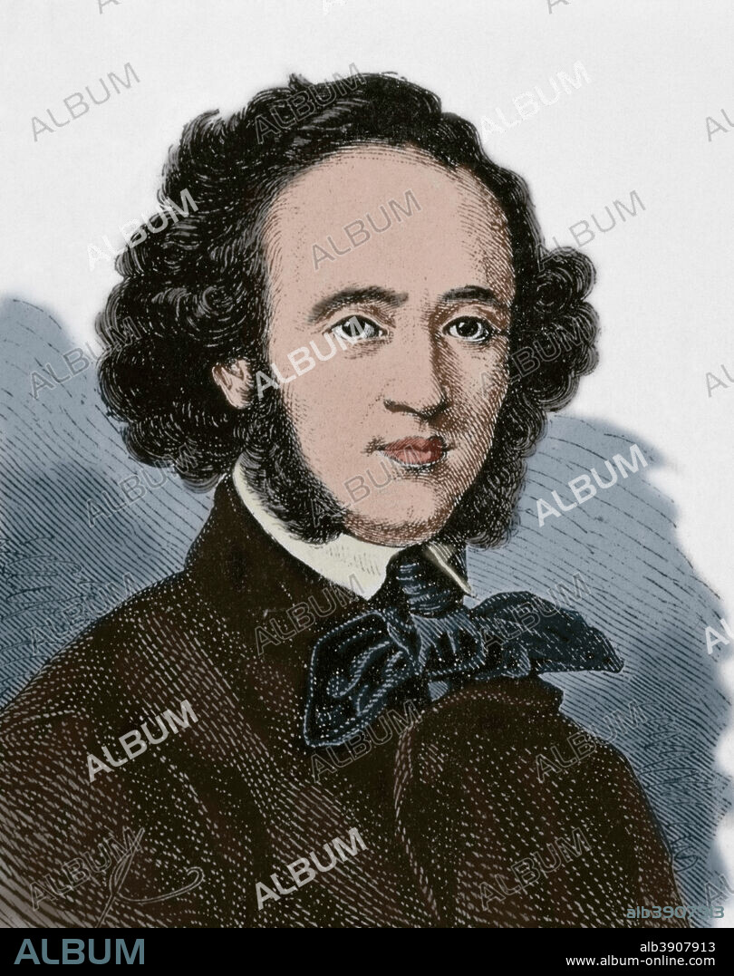 Felix Mendelssohn (Jakob Ludwig Felix Mendelssohn Bartholdy) (1809-1847). German composer, conductor and pianist. Portrait. Engraving. Later colouration.