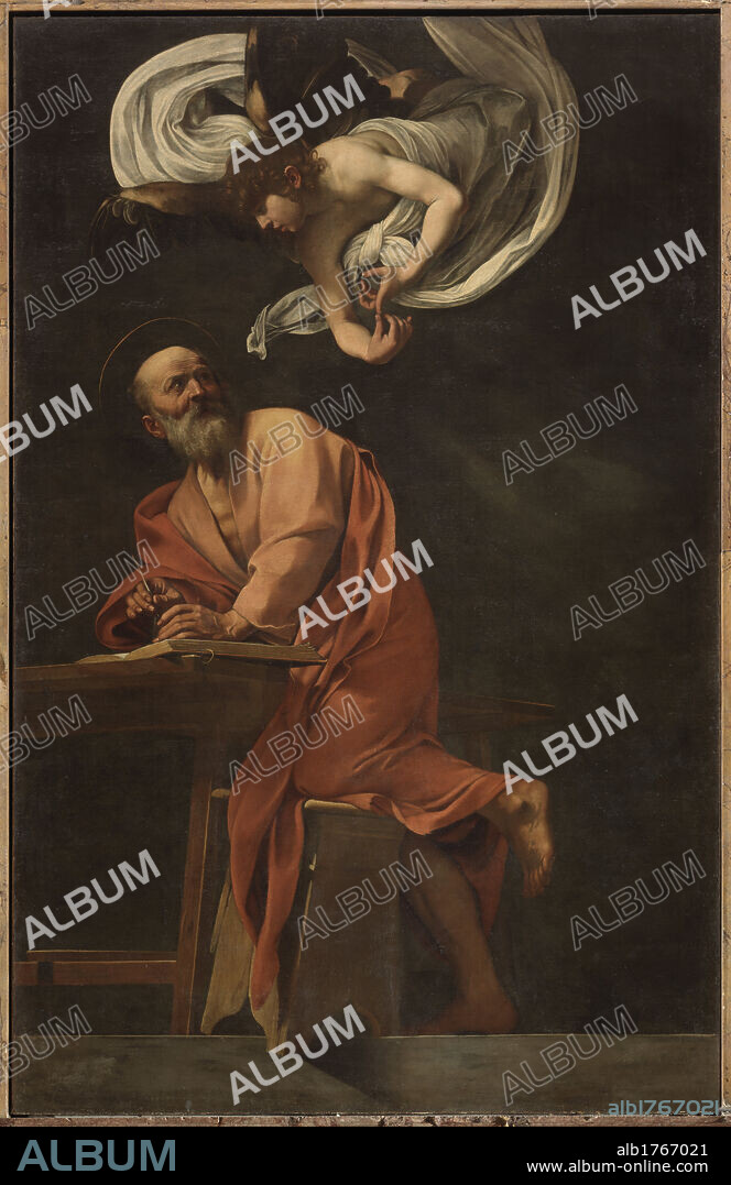 St. Matthew and the Angel, by Michelangelo Merisi known as Caravaggio, 1602, 17th Century, oil on canvas, cm 295 x 195. Italy, Lazio, Rome, San Luigi dei Francesi Church, Contarelli Chapel. All. Bearded man Saint St Matthew angel flight red mantle cloak table bench stool dictation black book black., photographic campaign 2009.
