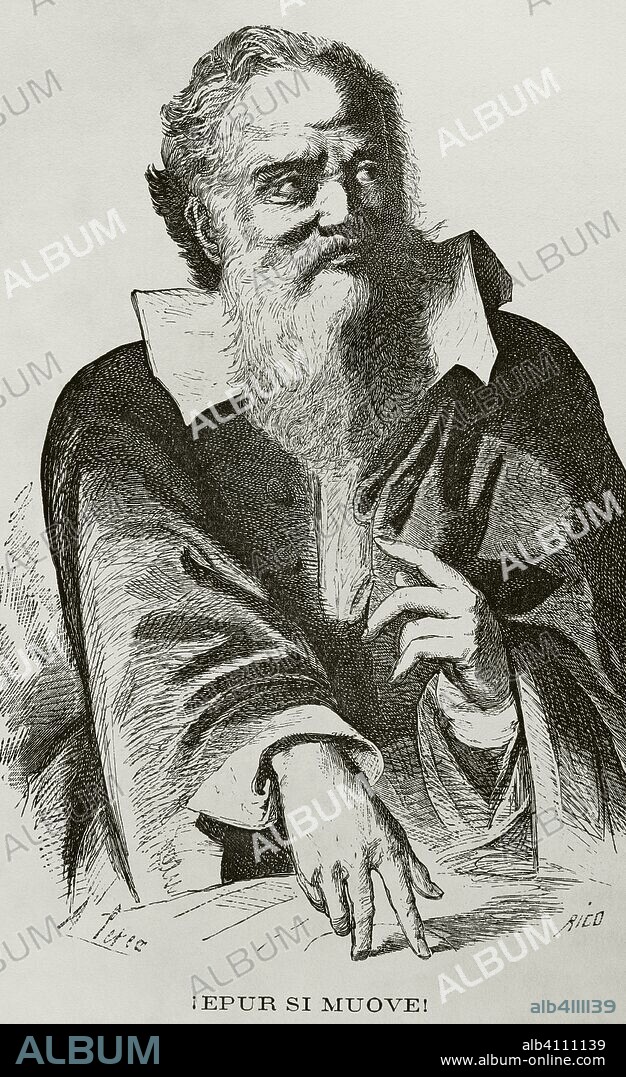 Galileo Galilei (1564-1642). Astrónomo, filósofo, ingeniero, matemático y físico italiano, relacionado con la revolución científica. "E pur si Muove" (y, si embargo, se mueve). Famosa frase que pronunció después de abjurar de la visión heliocéntrica ante el tribunal de la Santa Inquisición. Grabado por Rico. Crónica General de España, Historia Ilustrada y Descriptiva de sus Provincias. Castilla-La Nueva, 1869. Biblioteca Histórico Militar de Barcelona, Cataluña, España.