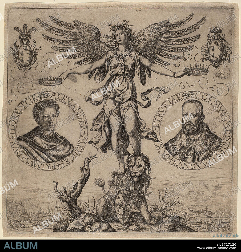 MARTINO ROTA. Alexander de Medicis and Cosmo de Medicis. Dimensions: plate: 17 x 17 cm (6 11/16 x 6 11/16 in.)  sheet: 17.7 x 17.7 cm (6 15/16 x 6 15/16 in.). Medium: engraving.