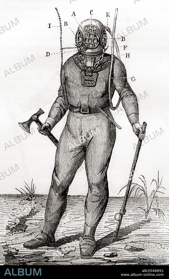 A standard diving suit patented by Joseph-Martin Cabirol in 1855. The helmet included a hand-controlled tap that the diver used to evacuate his exhaled air. From Les Merveilles de la Science, published c. 1870.
