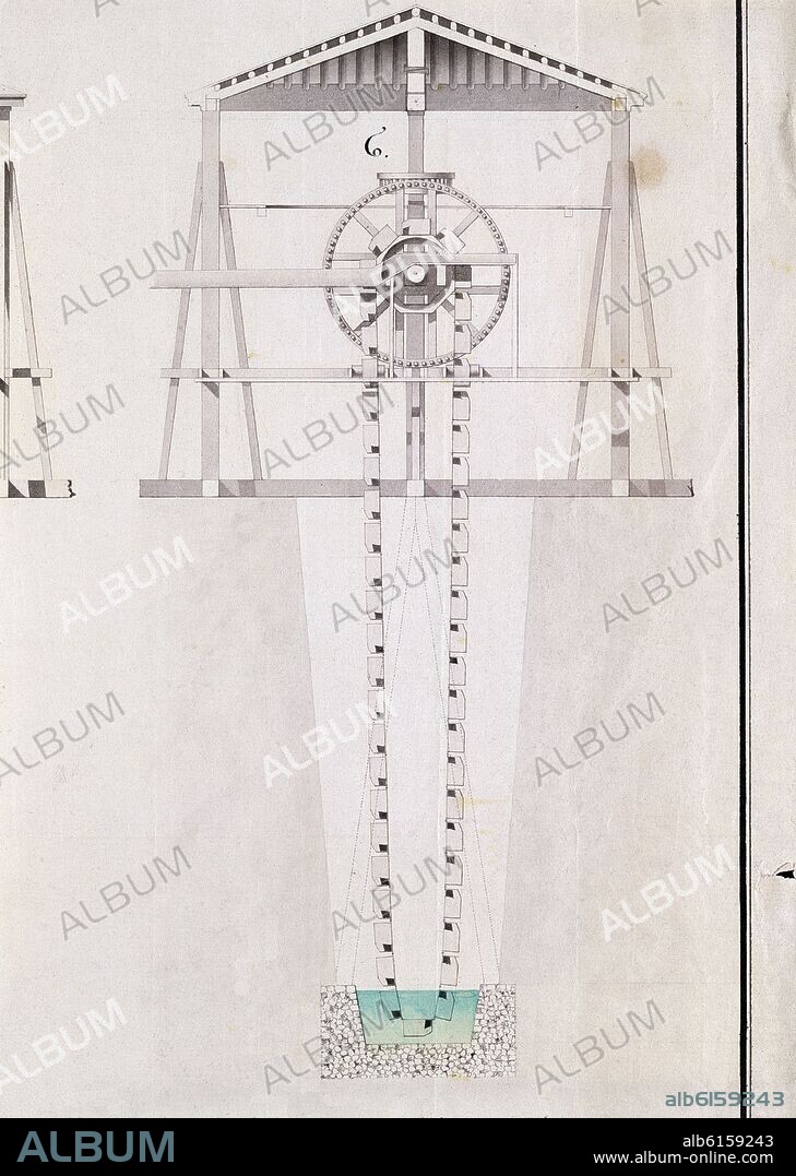 DIBUJO - DISEÑO DE NORIA PARA SACAR AGUA DE UN POZO.