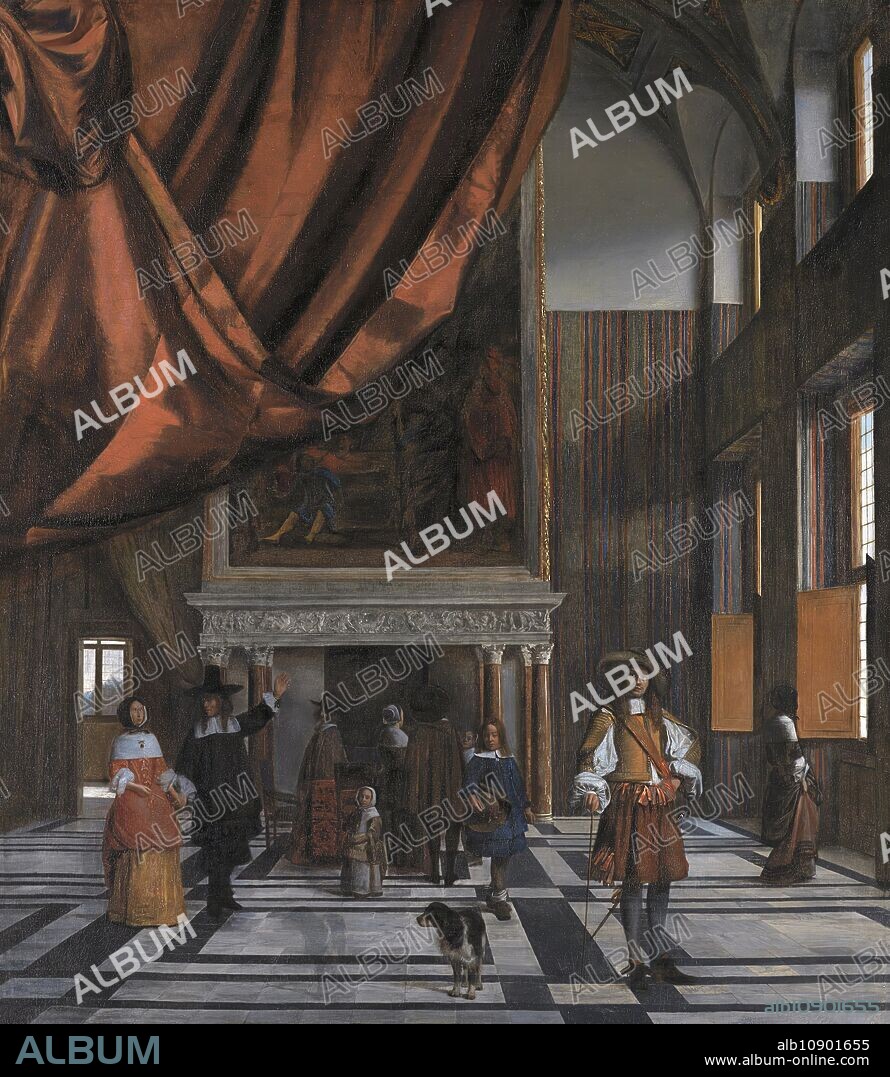 Interior of the Council Chamber of Amsterdam Town Hall, 1663.  Amsterdam Town Hall was designed by Jacob van Campen. Construction began in 1648 and the room depicted here was in use by 1655. It was adorned with two huge canvases: one by Ferdinand Bol, seen here on the end wall, entitled Gaius Lucinus Fabritius in the Camp of King Pyrrhus.