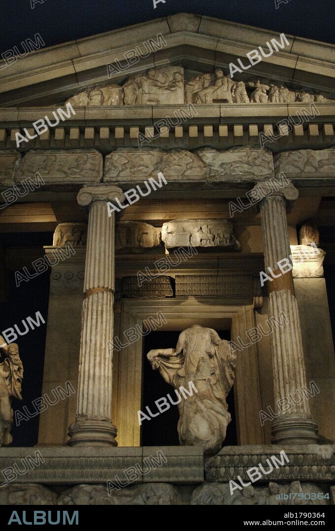 Neried Monument. Sculptured tomb from Xanthos. Classical Period Lycia. Kinik, Antalya province, Turkey.  Built 4th century BC. Tomb for Arbinas. Reconstructed facade of the monument. British Museum. London.
