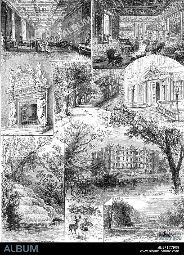 Sketches at Longleat, seat of the Marquis of Bath, 1881. 'The Saloon; The Drawing Room; Chimney Piece in Saloon; the Beech Grove; Entrance; The Waterfall; Garden View or East Front; South Front...Longleat...is one of the most magnificent country houses in England. The ancestor of Lord Bath, Sir John Thynne, in the time of King Edward VI., being secretary to the Earl of Hertford, afterwards Duke of Somerset and Protector of the realm, obtained large grants of confiscated church lands in Wiltshire. He next married a great City heiress, the only daughter of Sir Richard Gresham and sister of the famous Sir Thomas Gresham. Being thus made very rich, he built, from 1567 to 1578, a very grand house of mixed architectural styles, combining Tudor Gothic with Composite Grecian, which was a fashion of the period'. From "Illustrated London News", 1881.