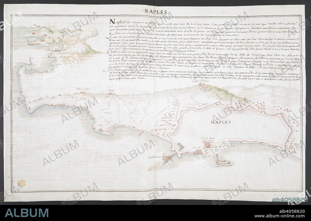 Bird's-eye view of the coastline between Naples and Pozzuoli, with details of the city walls, lighthouse, moles, arsenal and fortifications of Naples in the foreground including the Castel Nuovo, Castel St Elmo and the Castel dell'Ovo, and Chiaia, Posillipo and Pozzuoli in the background; explanatory text above. Extensively inscribed in brown ink on verso with number '170' and text entitled 'NAPLES / Haures qui sont dans le Royaume de Naples'.  'A colored plan of the fortifications of Naples, with the adjacent coast; drawn by a French artist, about 1650, accompanied with a description, and a short account of the harbours in the kingdom of Naples'. Naples. about 1650. 1 drawing : brown ink and watercolour ; sheet 48 x 73 cm. Source: Maps K.Top.83.54.