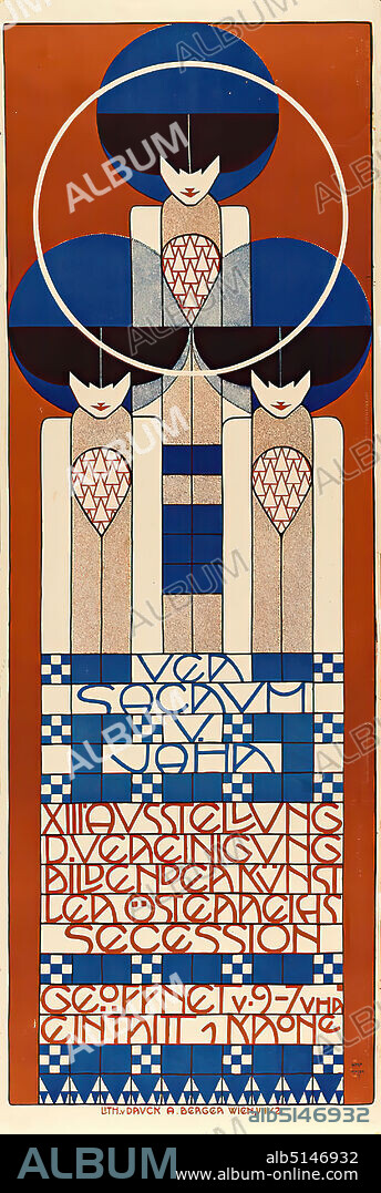 Ver Sacrum, Koloman Moser, Lithographic Institute Albert Berger, Ver Sacrum V. year. XIIIth exhibition of the Vereinigung bildender Künstler Österreichs Secession, lithography, total: height: 94,50 cm; width: 31,00 cm, signed: u. r. in the plate: KOLO MOSER, exhibition posters, woman, geometric ornaments, art nouveau, Kolo Moser was one of the leading modern artists in Vienna of the early 20th century. As one of the co-founders of the Vienna Secession, a group of artists that split off from the conservative academy business in 1897, he designed several posters for the Secession exhibitions. The best known is this slender portrait format, which alludes to the unity of the three arts with its three statuesque figures: architecture, painting and sculpture.