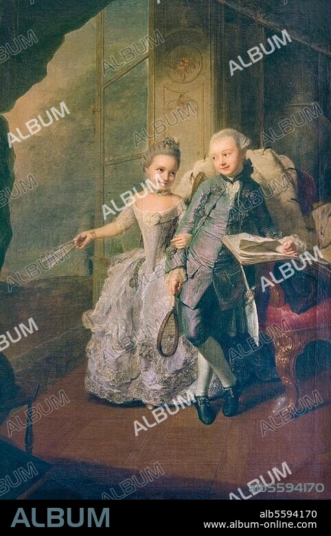 Friedrich Franz I., Großherzog von Mecklenburg-Schwerin (1785-1837). 10.12.1756 - 1.2.1837. "Kinderbildnis Prinz Friedrich Franz mit seiner Schwester Sophie Friederike". Gemälde, 1764, von Georg David Matthieu. (1737-1778). Öl auf Leinwand, 206 × 138 cm. Schwerin, Staatliches Museum.