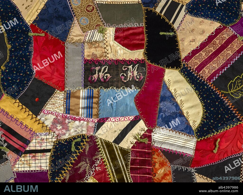 crazy quilt, Unknown, about 1885, silk, velvet, wool yarn, pieced, embroidered, and painted, 81-3/4 x 63 in., Embroidered, front side, slightly above center: H. M, American, Textile and Fashion Arts.