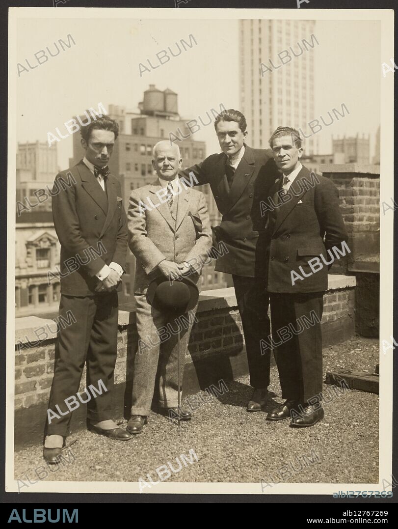 FEDELE AZARI. Group portrait of F. Vecchi, Dr. Brinton, F. Azari, and O.L. Foletti, 1920-1930. Group portrait of four men, all in suits, standing on a rooftop in New York City.
