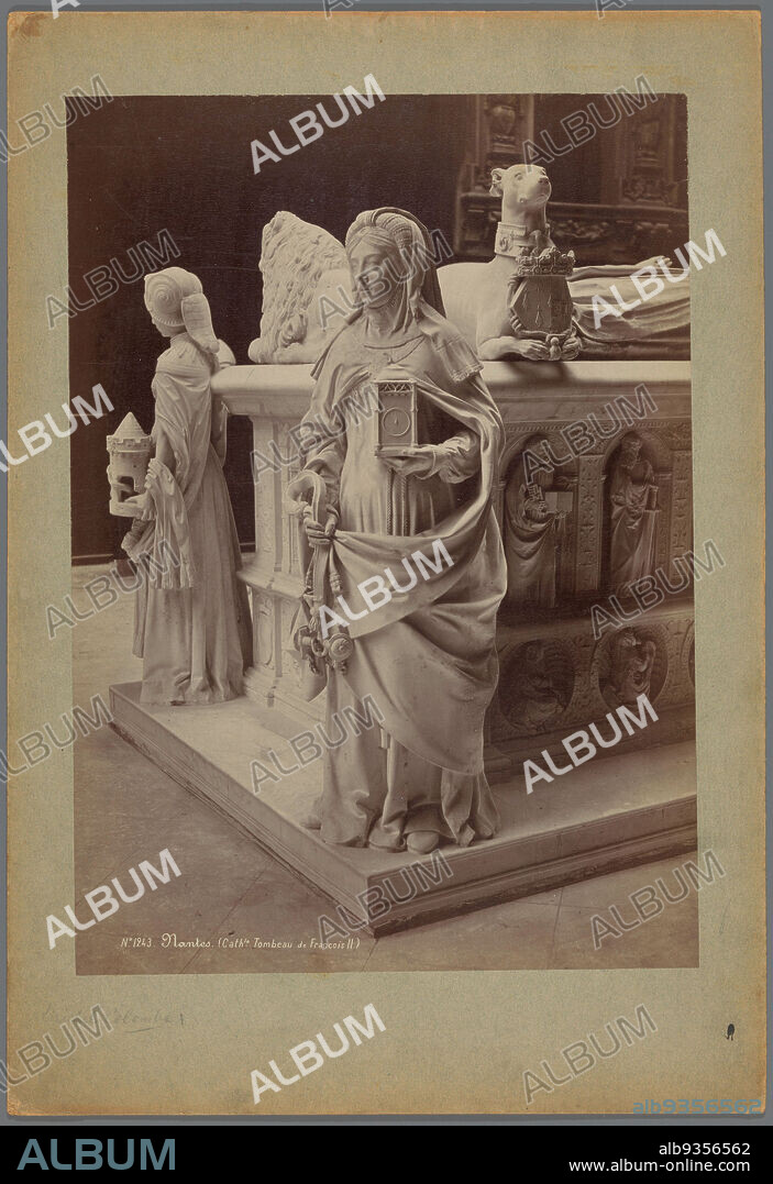 Part of a plaster cast of the tomb of King François II in the Musée des monuments français at Paris, Nantes. (Cathle Tombeau de François II.) (title on object), Séraphin-Médéric Mieusement (mentioned on object), Palais du Trocadéro, c. 1875 - c. 1900, cardboard, albumen print, height 346 mm × width 245 mm.