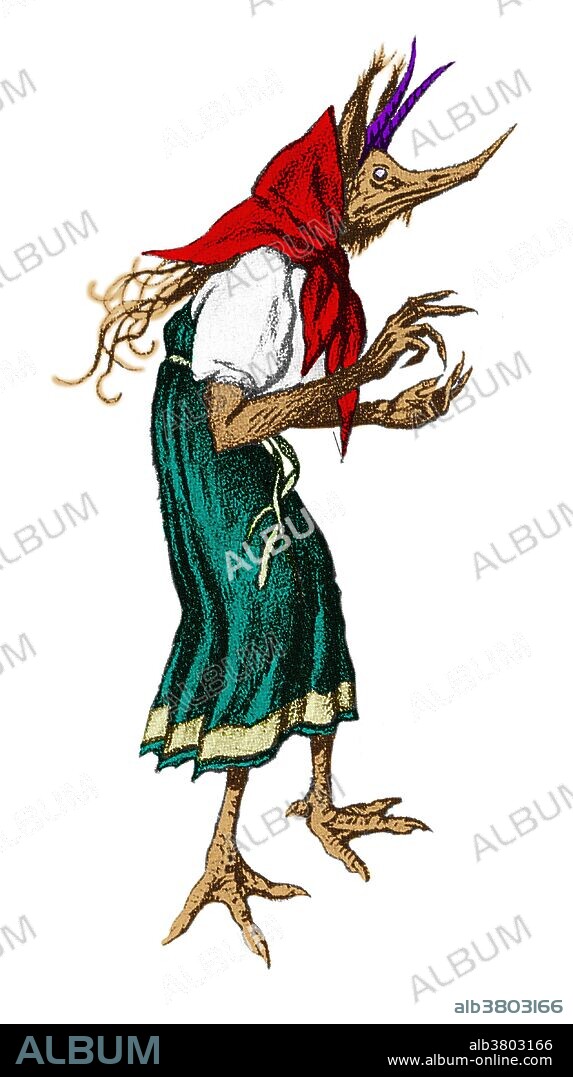 Color enhancement of and illistration of Kikimora. Kikimora is a legendary creature, a female house spirit in Slavic mythology. When she inhabits a house, she lives behind the stove or in the cellar. There are two different kinds of Kikimoras. You can tell she's around by her wet footprints. When home builders wanted to do something harmful to the person buying the house, they would bring in Kikimora. Once inside, it is difficult to get her to leave. When the house is in order, Kikimora looks after the chickens and housework. If not, she whistles, breaks dishes, and makes noises at night. She also comes out at night to spin. Color.