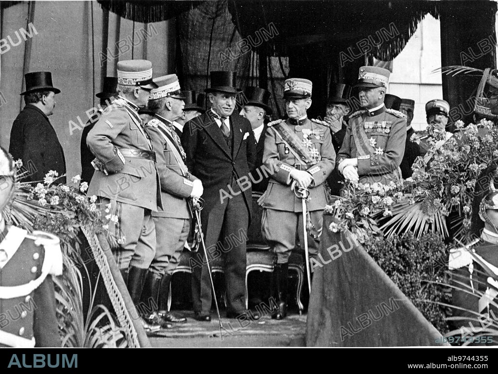 November 1926. Rome, at the Castle of Sant'Angello: King Victor Emmanuel III (1) with President Mussolini (2), the Marshals and the Highest Italian Authorities, Witnessing the parade of the Flags of the Disbanded Corps, as they were deposited in the army museum.