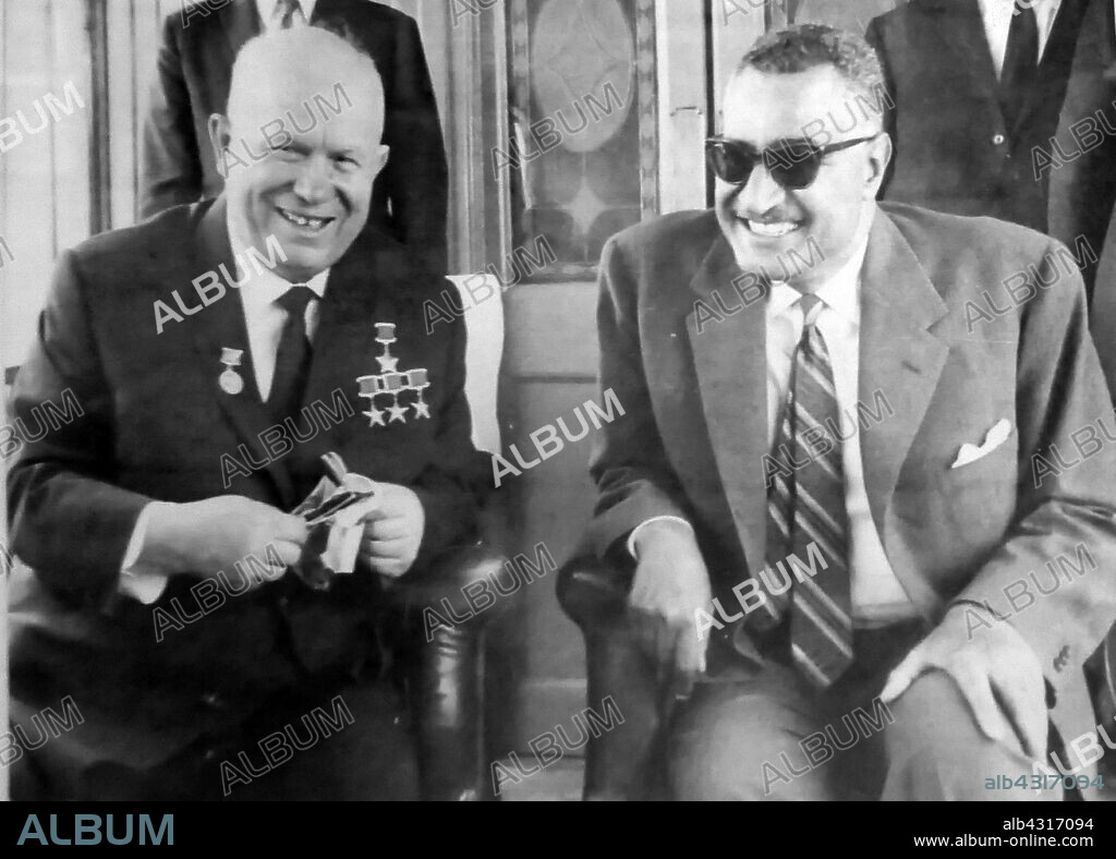 Soviet leader, Nikita Khrushchev with Gamal Abdel Nasser, 1960. Nasser was President of Egypt, from 1956 until his death in 1970. Nasser led the 1952 overthrow of the monarchy and introduced far-reaching land reforms the following year.