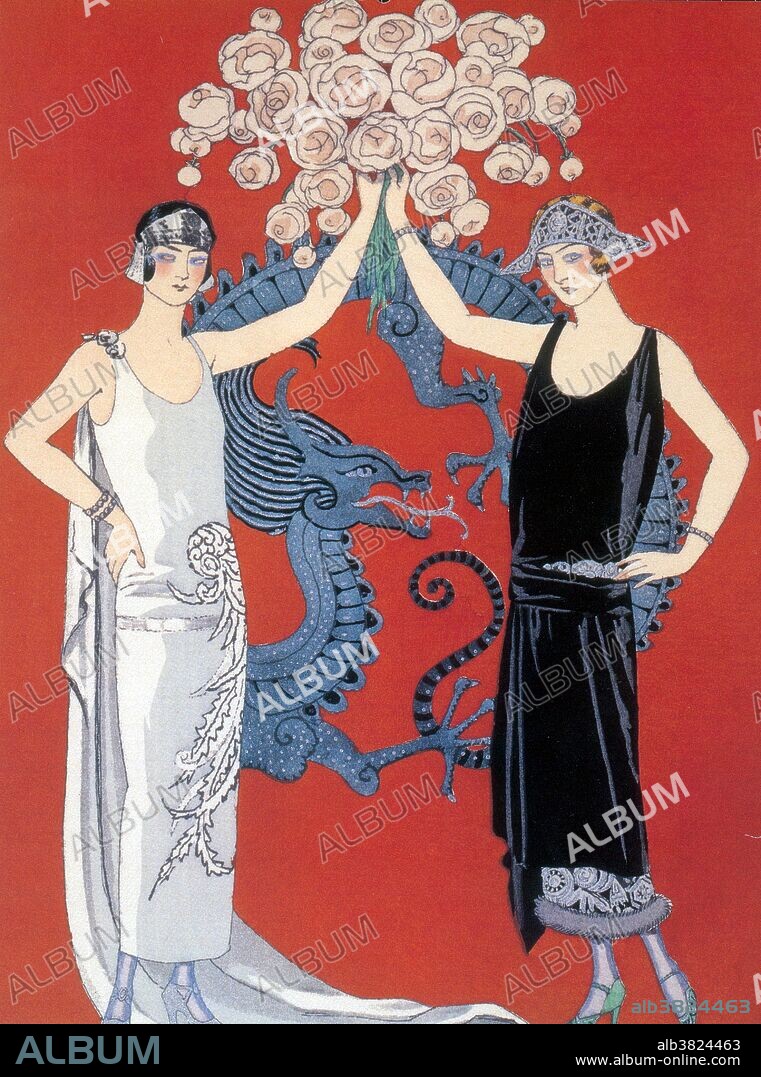 Entitled: "Pivoines (Peonies)" fashion plate by Barbier, 1924. George Barbier (October 10, 1882 - March 16, 1932) was one of the great French illustrators of the early 20th century. By 1911 he was at the forefront of his profession with commissions to design theater and ballet costumes, to illustrate books, and to produce haute couture fashion illustrations. For the next 20 years Barbier led a group from the Ecole des Beaux Arts. He died in 1932 at the very pinnacle of his success. Fashion is a distinctive and often habitual trend in the style in which a person dresses. It is the prevailing styles in behavior and the newest creations of textile designers. Prior to the mid-19th century, most clothing was custom-made. It was handmade for individuals, either as home production or on order from dressmakers and tailors. By the beginning of the 20th century, with the rise of new technologies such as the sewing machine, the development of the factory system of production, and the emergence of department stores, clothing had increasingly come to be mass-produced in standard sizes and sold at fixed prices.