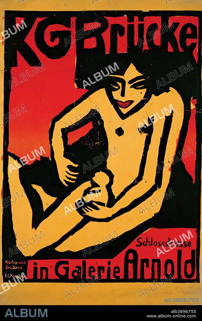 ERNST LUDWIG KIRCHNER. Poster for the exhibition for the artists' group "Die Brücke" at the Arnold Gallery Dresden. Date/Period: 1910. Woodcut in black and red on yellow paper. Height: 825 mm (32.48 in); Width: 595 mm (23.42 in).