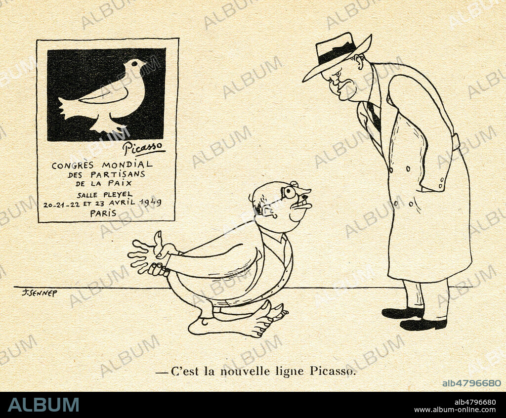 C'est la nouvelle ligne PICASSO (Jacques DUCLOS (1896-1975) en colombe de la paix devant Maurice THOREZ (1900-1964). Caricature de 1954 par SENNEP (1894-1982 = ADAGP) pour De Vincent a Rene. Credit : Collection Jonas/Kharbine-Tapabor.