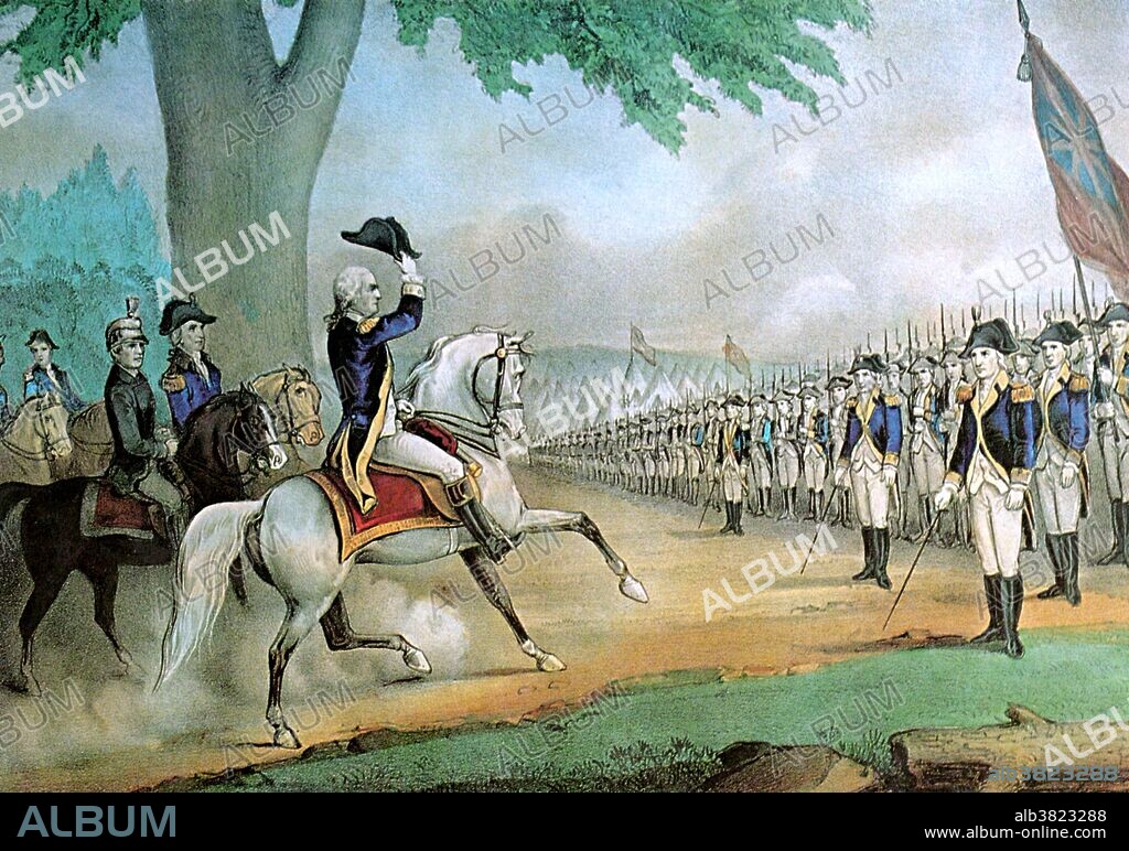 Lithograph entitled: "Washington taking command of the American Army at Cambridge, Massachusetts, July 3, 1775." George Washington (1731 or 1732-1799) was the first President of the United States of America, serving from 1789 to 1797, and dominant military and political leader of the United States from 1775 to 1799. He led the American victory over Great Britain in the American Revolutionary War as commander-in-chief of the Continental Army from 1775 to 1783, and presided over the drafting of the Constitution in 1787. Washington became the first president by unanimous choice, and oversaw the creation of a strong, well-financed national government that maintained neutrality in the wars raging in Europe, suppressed rebellion and won acceptance among Americans of all types. His leadership style established many forms and rituals of government that have been used since, such as using a cabinet system and delivering an inaugural address. Washington died at home around 10 p.m. on Saturday, December 14, 1799, aged 67. The last words in his diary were "'Tis well." He is consistently ranked among the top three presidents of the United States, according to polls of both scholars and the general public.
