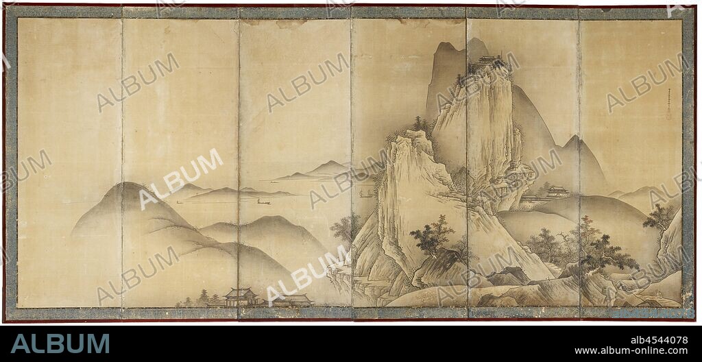 Landscape with Travelers on Mountain Paths, Unkoku Toyo (Japanese, 1612-1688), Edo, about 1650, ink, light color on paper, and wood, 67-1/2 x 148-16/25 x 3/4 in. Panel 1 Painting 61 x 21-7/8 in. Panel 2 Painting 61 x 24-1/2 in. Panel 3 Painting 61 x 24-3/8 in. Panel 4 Painting 61 x 24-3/8 in. Panel 5 Painting 61 x 24-3/8 in. Panel 6 Painting 61 x 21-7/8 in., Signed on the first panel: Sesshu Masson (later generation) Unkoku Toyo-hitsu (later generation descendant) Sealed: Unkoku Toyo, Asian Art.