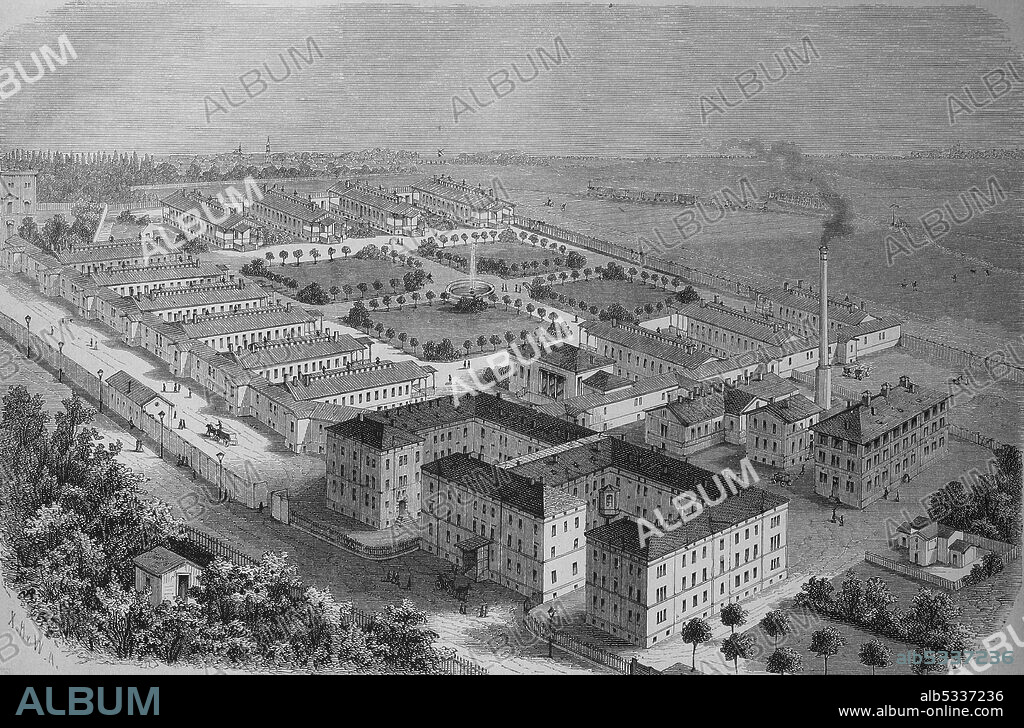 The municipal hospital of Leipzig, Germany, 1878  /  Das städtische Krankenhaus von Leipzig, Deutschland, 1878, Historisch, historical, digital improved reproduction of an original from the 19th century / digitale Reproduktion einer Originalvorlage aus dem 19. Jahrhundert,.
