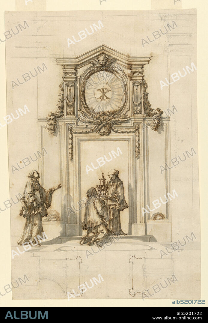 Design for a Doorway to the Sacristy of St. Peter's, Rome, Carlo Marchionni, Italian, 17021786, Pen and brown ink, brush and brown, gray wash, graphite on cream laid paper, Doorframe is surmounted by a pointed attic pediment, enclosing a medallion, in the center of which is the symbol of Christ (the Chi Rho) amidst a glory of rays. It is framed by palm branches and moldings. On top is a winged cherub's head. A priest standing in the doorway holds a reliquary before a kneeling cleric. Another cleric approaches from the left. Below are two plans., Rome, Italy, ca. 1778, architecture, Drawing, Drawing.