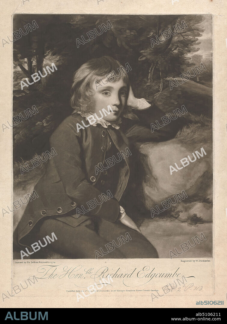 Honorable Richard Lord Edgcumbe, 1st Baron Edgcumbe, William Dickinson, 17461823, British, after Sir Joshua Reynolds RA, 17231792, British, 1774, Mezzotint on moderately thick, moderately textured, beige, laid paper, Sheet: 19 1/4 × 14 3/4 inches (48.9 × 37.5 cm), Plate: 15 5/16 × 11 inches (38.9 × 27.9 cm), and Image: 13 1/4 × 10 15/16 inches (33.7 × 27.8 cm).
