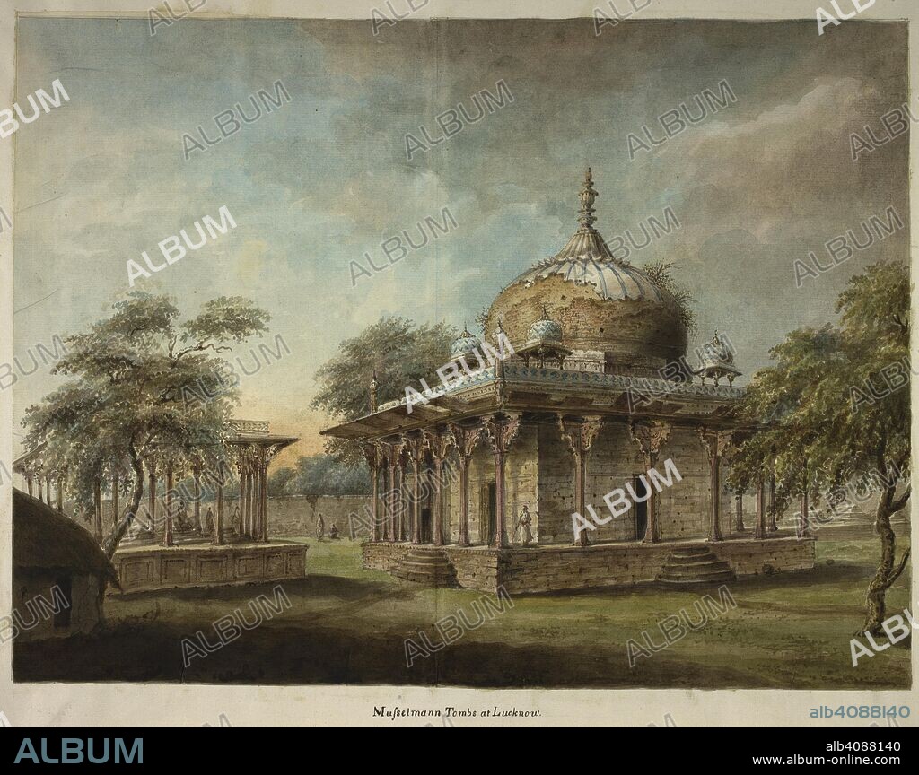 SITA RAM. The Nadan Mahal, the tomb of Shaikh â€˜Abd al-Rahim of Lucknow, friend to Akbar, with the adjacent Sola Khamba pavilion with 16 pillars. Inscribed below: â€˜Musselmann Tombs at Lucknow.â€™. Hastings Albums. 1814 - 1815. Watercolour. 385 by 512 mm. Source: Add.Or.4764.