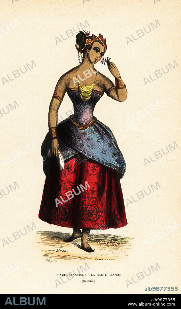 Noble woman of Java, Indonesia. She wears a dodot and sarong (skirt) in batik, sabuk (waistband), kemban (corset), gold necklace and bracelets. Dame Javanaise de la haute classe (Oceanie). Adapted from a painting by William Daniell in Sir Thomas Raffles History of Java, 1824.. Handcoloured woodcut by Lisbet after William Daniell from Auguste Wahlen's Moeurs, Usages et Costumes de tous les Peuples du Monde, (Manners, Customs and Costumes of all the People of the World) Librairie Historique-Artistique, Brussels, 1845. Wahlen was the pseudonym of Jean-Francois-Nicolas Loumyer (1801-1875), a writer and archivist with the Heraldic Department of Belgium.