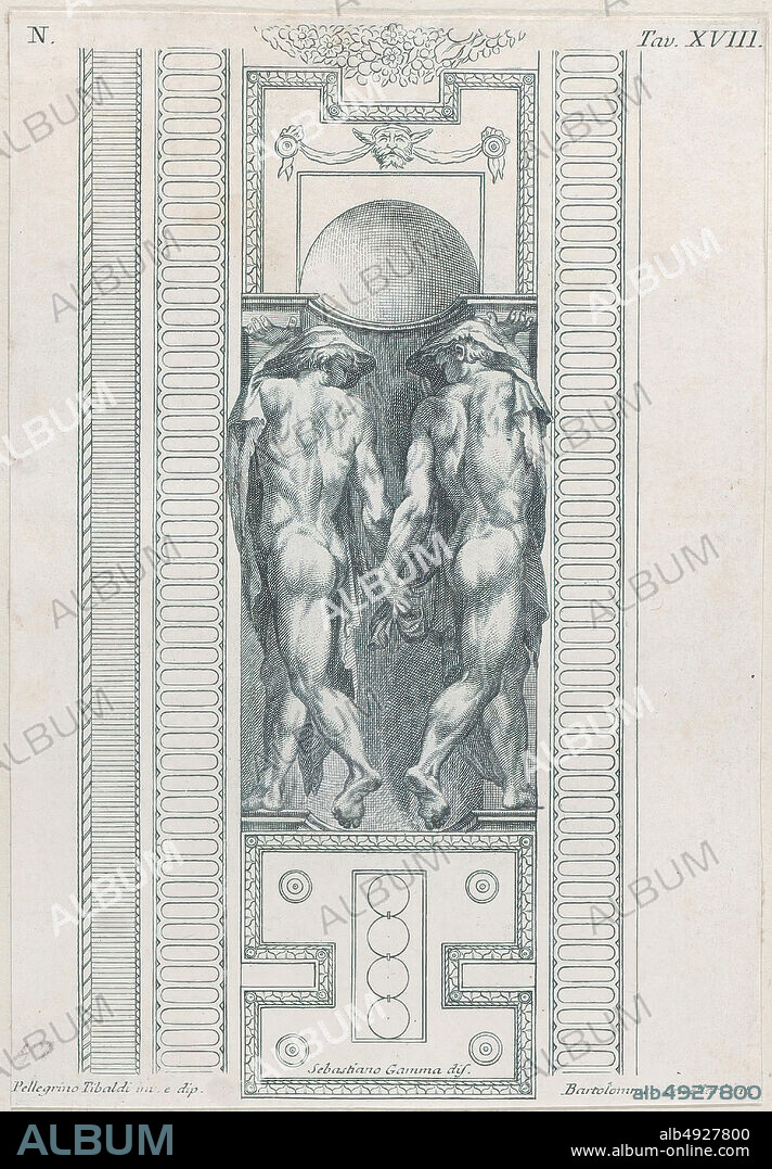 Bartolomeo Crivellari, Plate 18: two nude figures wearing veils, seen from behind, 'Le Pitture di Pellegrino Tibaldi e di Niccolò Abbate esistenti nell'Instituto di Bologna', Bartolomeo Crivellari (Italian, active 18th century), Intermediary draftsman Sebastiano Gamma (Italian, 17111768), After Pellegrino Tibaldi (Italian, Puria di Valsolda 15271596 Milan), Giampietro Zanotti, 1756, Etching and engraving, Sheet (Trimmed): 8 1/8 × 5 9/16 in. (20.6 × 14.2 cm), Prints.
