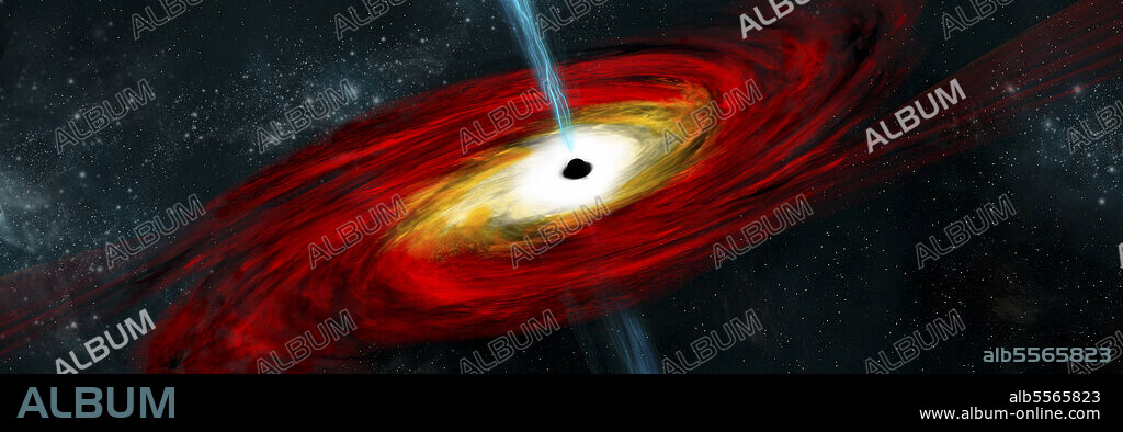 An artist's depiction of a black hole in interstellar space pulling in gas and dust that start to heat. Gamma ray bursts exit at the black hole's poles and shoot into space.
