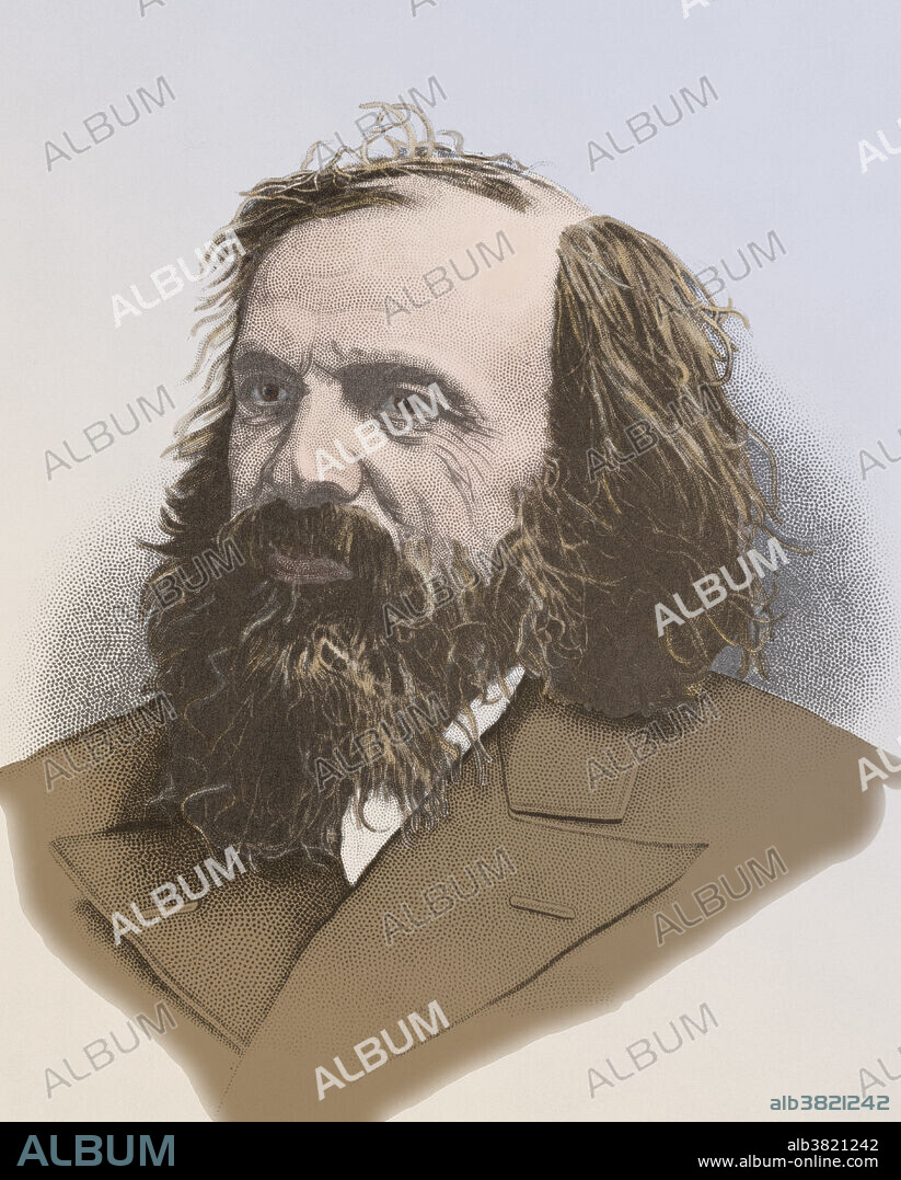 Dmitri Mendeleev (1834 - 1907), Russian chemist. Mendeleev is credited as a creator of the first version of the periodic table of (63) elements. He also predicted properties of elements that had not yet been discovered. Colored Version of BD4641.