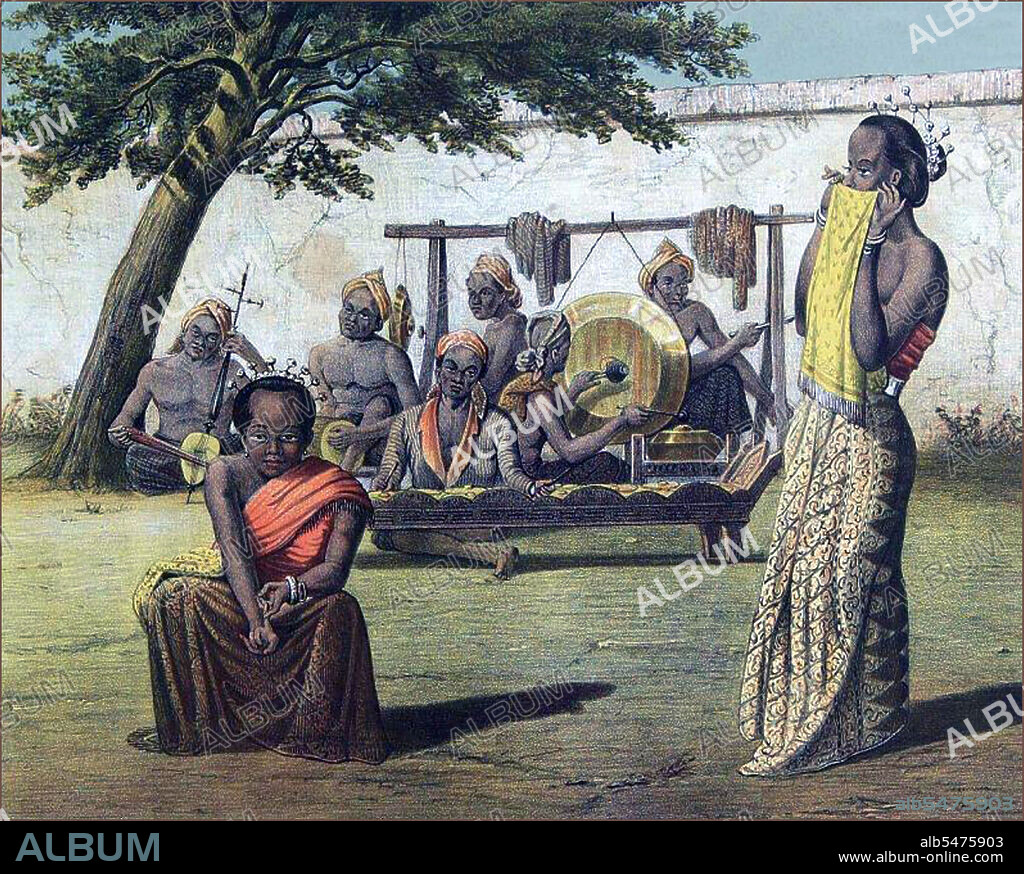 Ronggeng is a type of Javanese and Malay social dance in which couples exchange poetic verses as they dance to the music of a rebab or violin and a gong. Ronggeng originated in Java, but also can be found in Sumatra and the Malay peninsula. Ronggeng probably has existed in Java since ancient times, the bas reliefs in Karmawibhanga section on 8th century Borobudur displays the scene of travelling entertainment troupe with musicians and female dancers. In Java, a traditional ronggeng performance features a traveling dance troupe that travels from village to village. The dance troop consists of one or several professional female dancers, accompanied by a group of musicians playing musical instruments: rebab and gong. The term 'ronggeng' is also applied to the female dancers. During a ronggeng performance, the female professional dancers are expected to invite some male audiences or clients to dance with them as a couple with the exchange of some tips of money for the female dancer, given during or after the dance. The couple dances intimately and the female dancer might perform some movements that might be considered too erotic by standards of modesty in Javanese court etiquette. In the past, the erotic and sexual nuances of the dance gave ronggeng a shady reputation as prostitution disguised in the art of dance.