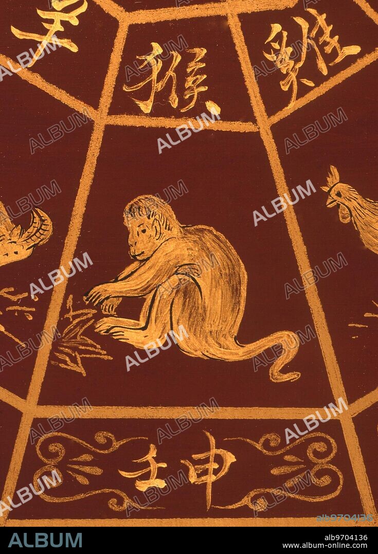 CHINESE ASTROLOGY The Monkey - the Chinese symbolic animal equivalent to the zodiacal sign Sagittarius from a series of 12 zodiacal animals painted on a Chinese box top with the Tai Chi at the centre 20th century design from China ( Beijing ).