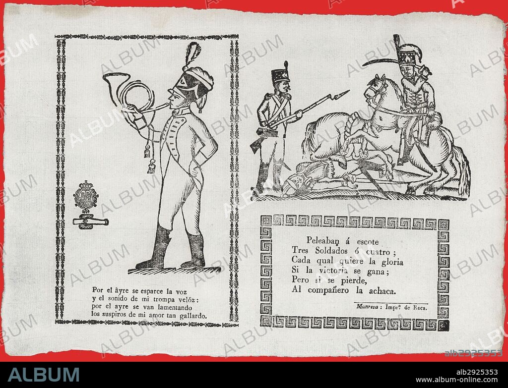 España. Catalunya. Grabado popular para un abanico. Un soldado haciendo sonar una trompa y una pelea entre soldados a pie y a caballo. Siglo XIX.