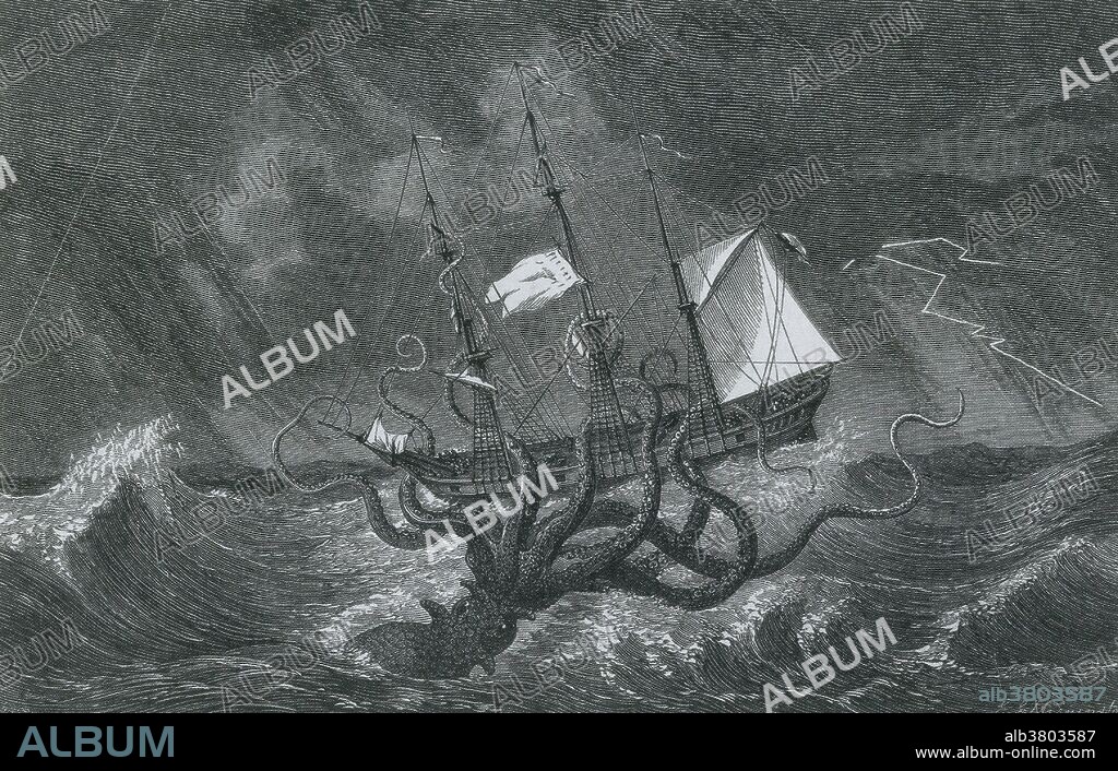 Kraken attacking ship during a storm, image dates back to 1700. The giant squid's elusive nature and fearsome appearance have long made it a popular subject of legends and folk tales. Its popularity as an image continues today with references and depictions in literature, film, television, and video games. Often, the giant squid is represented as being in dramatic, evenly matched combat with a sperm whale. This powerful image is no longer considered accurate given the evidence that exists for a simpler predator-prey relationship between whale and squid, with the whale being the predator and the squid the prey. The Kraken is a legendary sea monstersaid to dwell off the coasts of Norway and Greenland. Authors have postulated that the legend originated from sightings of giant squids that may grow to 40-50 feet in length, despite the fact that the creature in the original tales was not described as having tentacles and more closely resembled a whale or crab.
