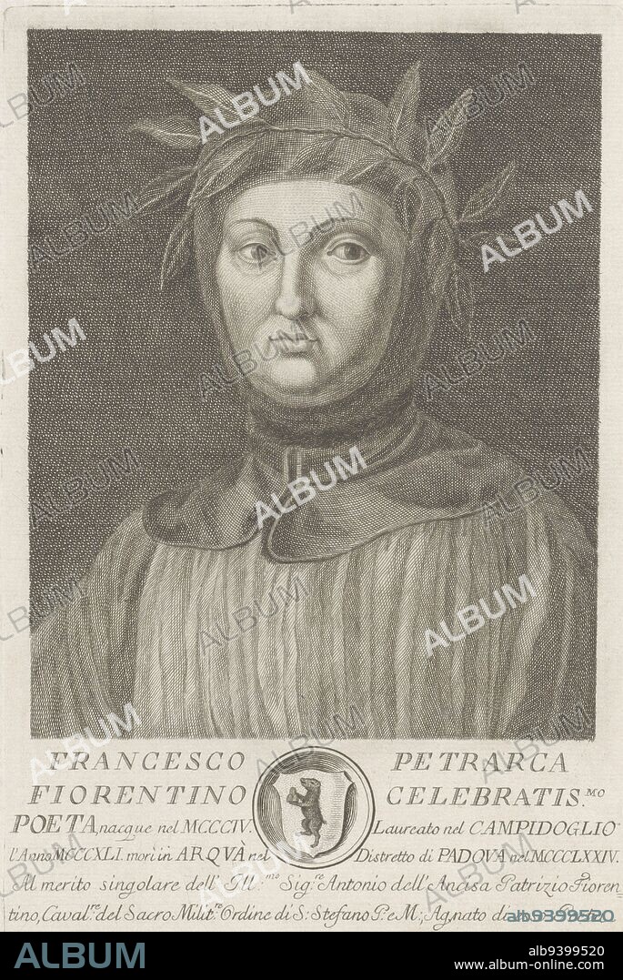 Portrait of poet Francesco Petrarch with a laurel wreath on his head Below the portrait a text in Italian and a coat of arms in a circular frame, Portrait of Francesco Petrarca Portraits of famous Italians with coat of arms in lower margin , print maker: Francesco Allegrini, (mentioned on object), intermediary draughtsman: Cosimo Fioravanti, (mentioned on object), Antonio dell'Ancisa, (mentioned on object), print maker: Italy, intermediary draughtsman: Italy, Florence, 1761, paper, engraving, h 290 mm × w 186 mm.