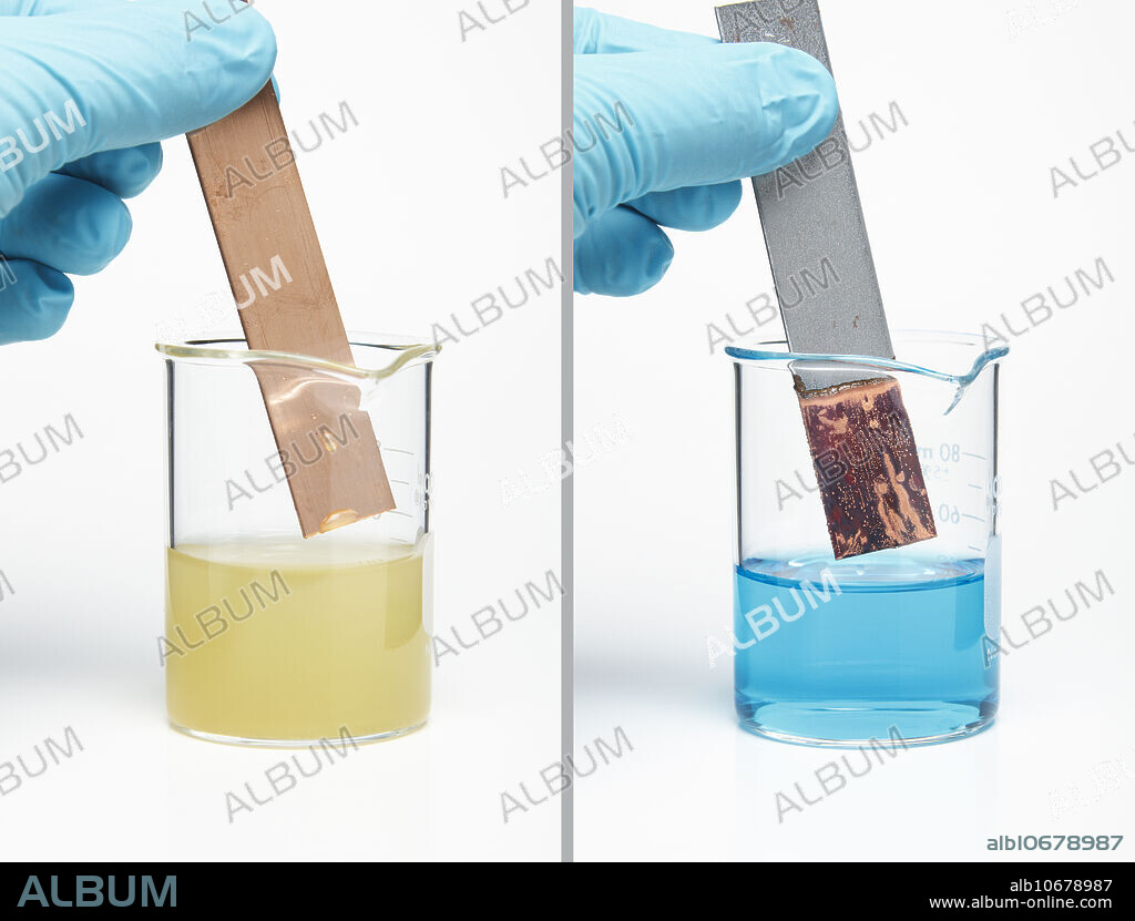 Iron is more reactive than copper. Hence, when a copper metal strip was immersed in a beaker containing a 0.2M iron (II) sulfate solution, no displacement reaction took place (left frame). On the contrary, when an iron metal strip was immersed in a beaker containing a 0.5M copper (II) sulfate solution, a single-displacement reaction occurred: Fe + CuSO4 -> Cu + FeSO4 (right frame).