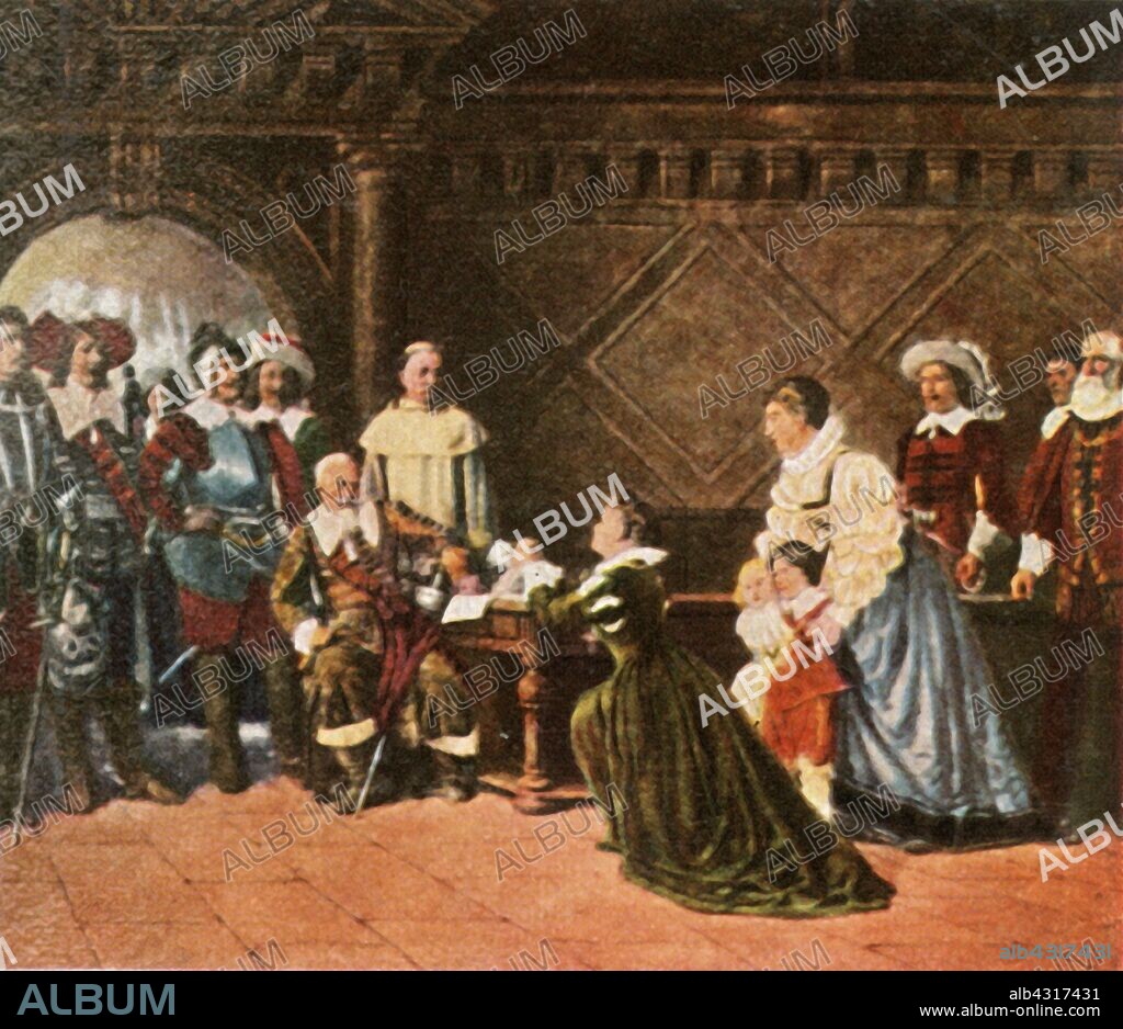 Tilly in Rothenburg, 1631, (1936). Woman pleading with Count Tilly in Rothenburg ob der Tauber, Germany. Catholic commander Johann Tserclaes, Count of Tilly (1559-1632) wanted to burn the city of Rothenburg, and condemned the city councilmen to death. The councillors, in an effort to appease him, offered him wine in a large cup. Tilly challenged anyone to drink all the wine in one go, and promised that if it was done he would spare the city. The mayor, Georg Nusch, succeeded in emptying the cup and so saved his city. The events have been commemorated annually since 1881 in the play "Der Meistertrunk" (The Master Draught). From "Bilder Deutscher Geschichte", (Pictures of German History), No.12, cigarette card album. [Cigaretten-Bilderdienst, Altona-Bahrenfeld, Hamburg, Germany, 1936].